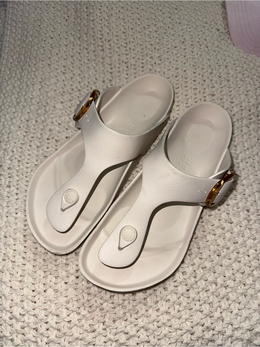 Birkenstock White Toe-Post Sandals with Gold Buckles